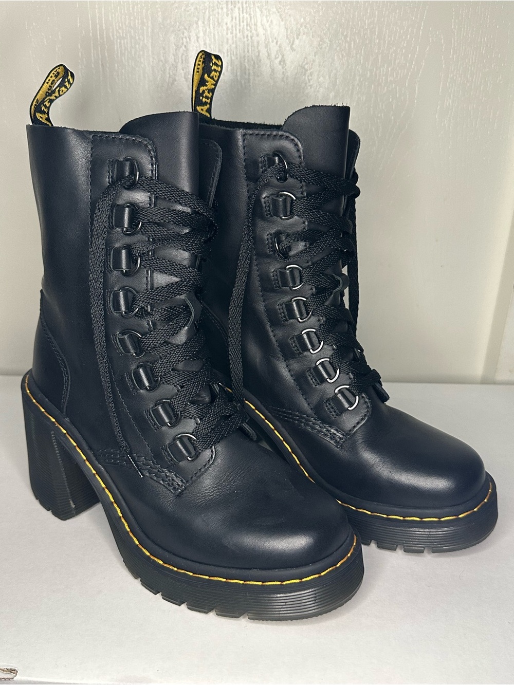 Chesney Dr. Martens Black Leather Lace-Up Chunky Heel Boots